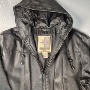 VTG MIDDLEBROOK PARK Leather Coat W/Hood Wm Lg Blk Full Zip Quilt Lined